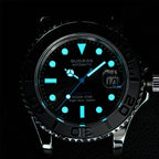 Sugess S450 Ocean Star dive watch dial and bezel glowing blue lume in the dark, high-beat 28800, close-up