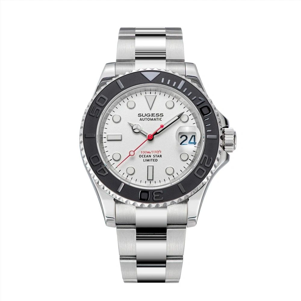 Sugess S450 Ocean Star automatic dive watch 40mm, white dial, black bezel, red seconds hand, steel bracelet, front