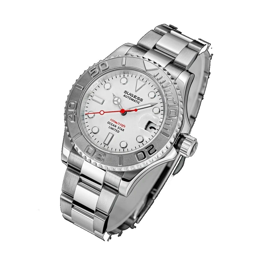 Sugess S450 white dial dive watch, platinum steel bezel, red seconds hand, steel bracelet, angled product view on black