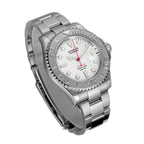 Sugess S450 white dial dive watch, platinum steel bezel, red seconds hand, steel bracelet, three-quarter angled view