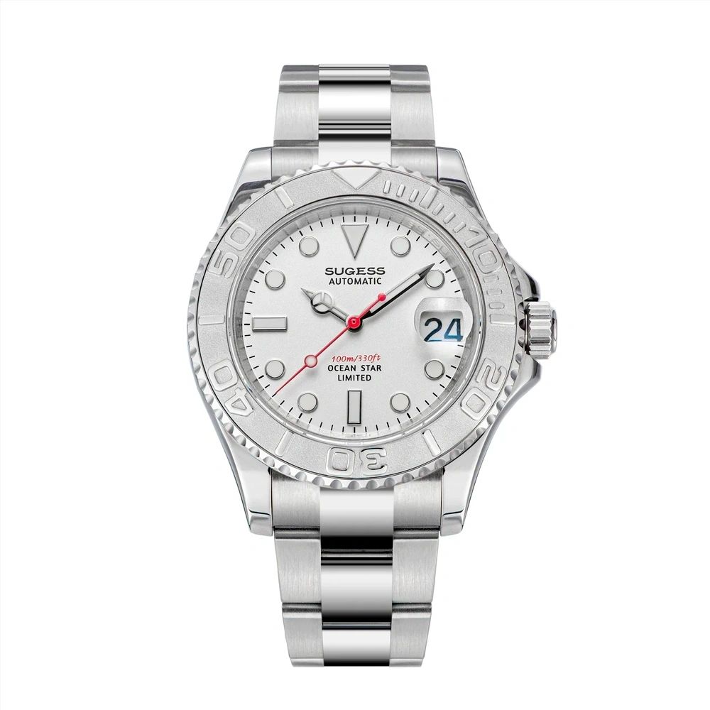 Sugess S450 Ocean Star automatic dive watch 40mm, white dial, platinum steel bezel, red seconds, steel bracelet, front