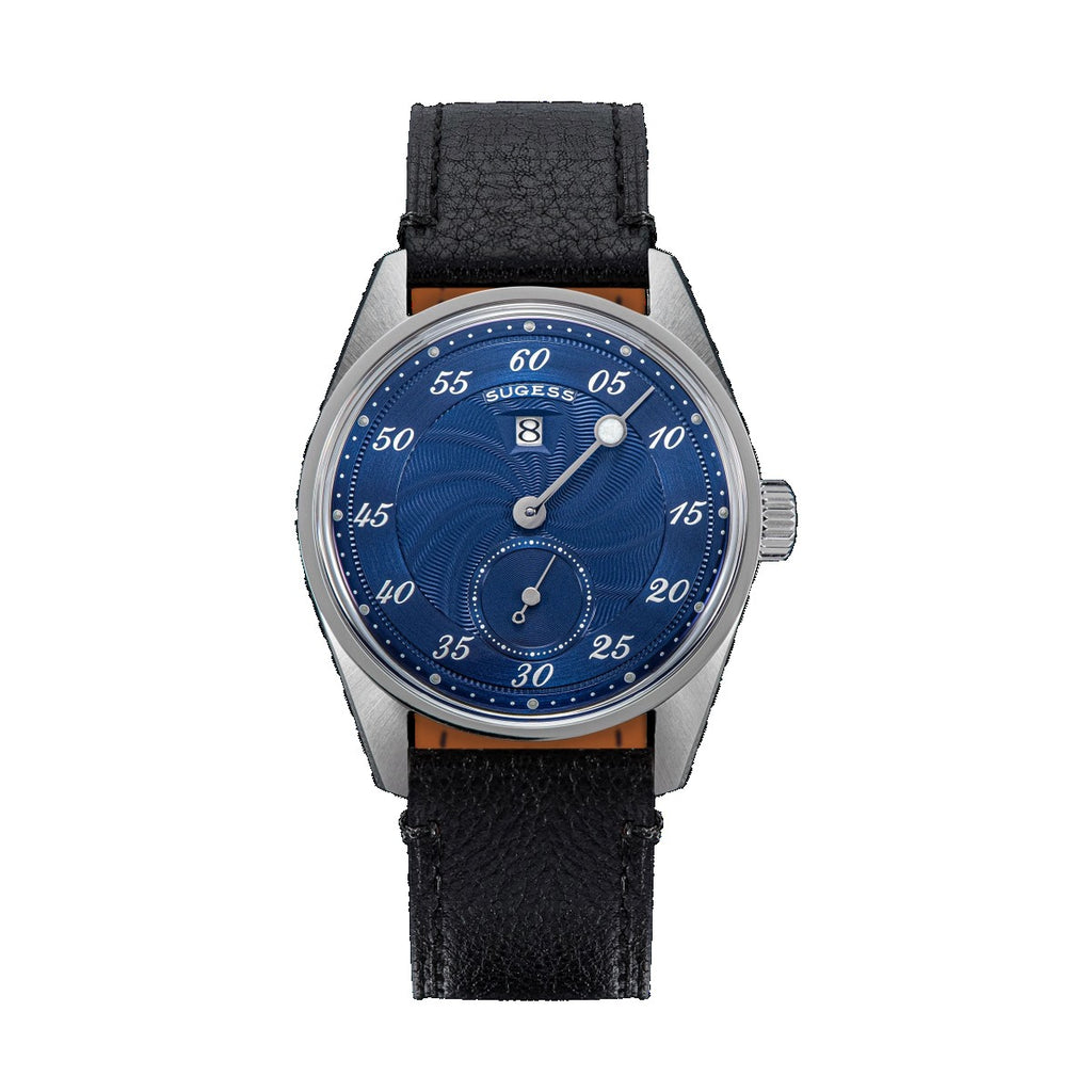 Sugess S451 ST1721 regulator dress watch 38mm, royal blue guilloche dial, date, black leather strap, front view