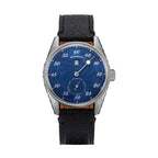 Sugess S451 ST1721 regulator dress watch 38mm, royal blue guilloche dial, date, black leather strap, front view
