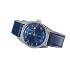 Sugess S451 royal blue guilloche regulator dress watch, blue leather strap, three-quarter angle on a blue box