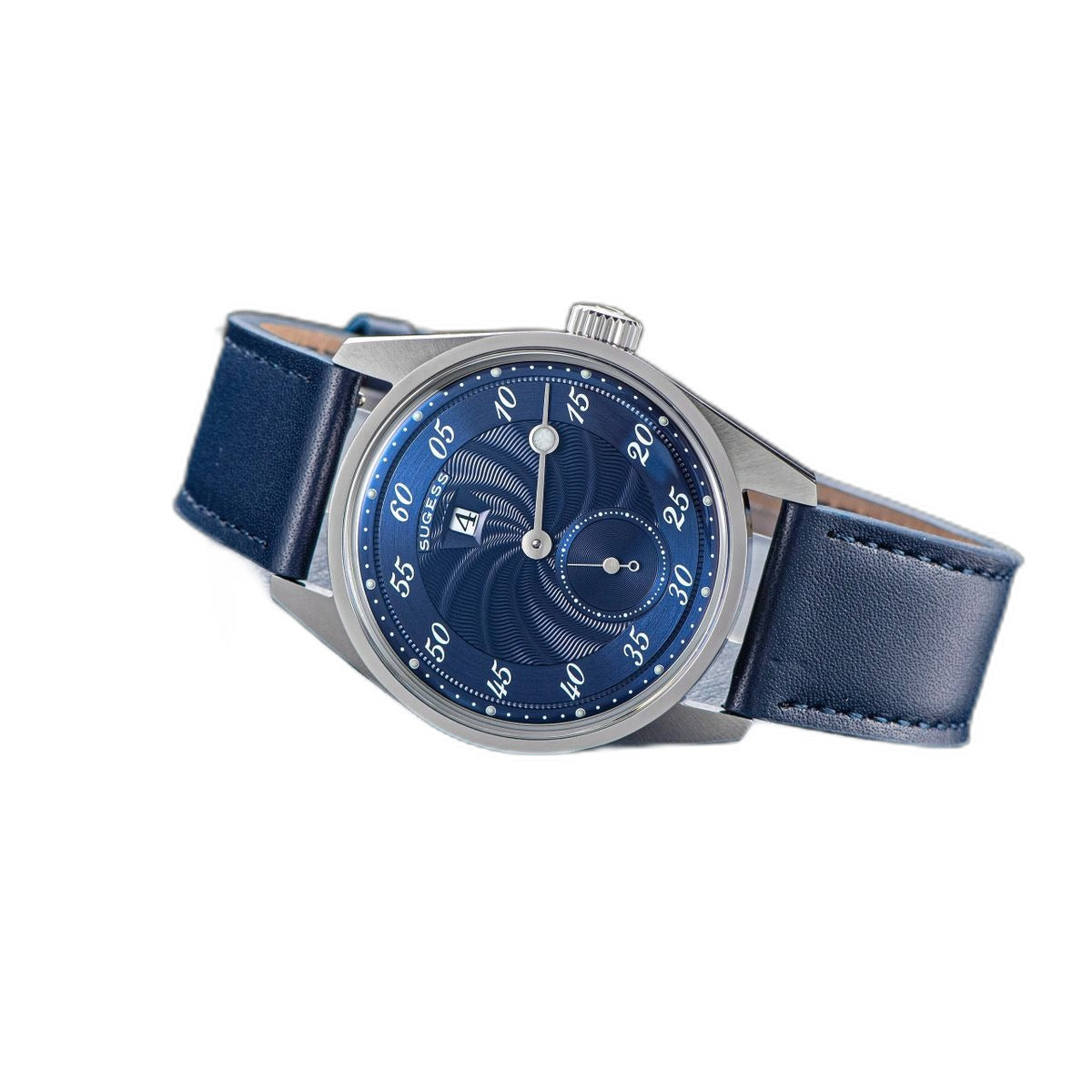 Sugess S451 royal blue guilloche regulator dress watch, blue leather strap, three-quarter angle on a blue box