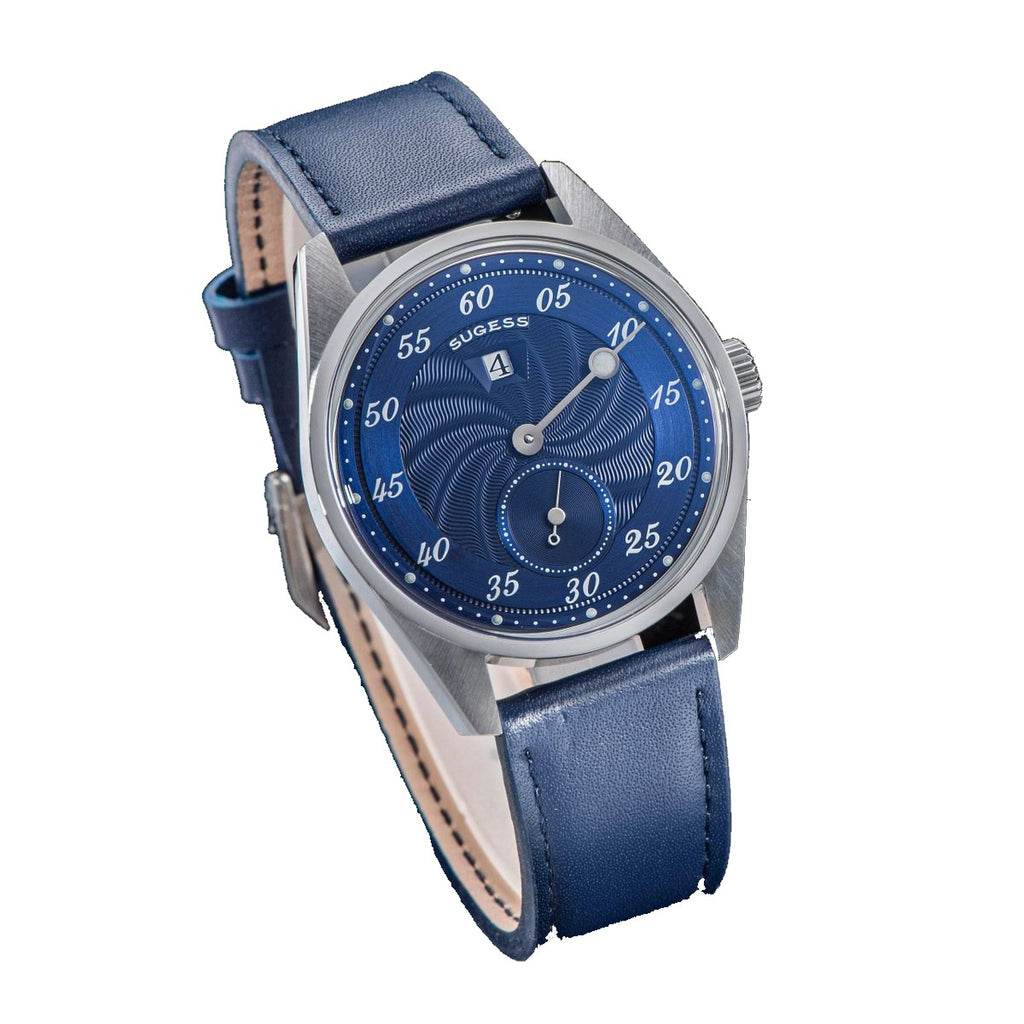 Sugess S451 royal blue guilloche regulator dress watch, blue leather strap, dramatic angled view on black