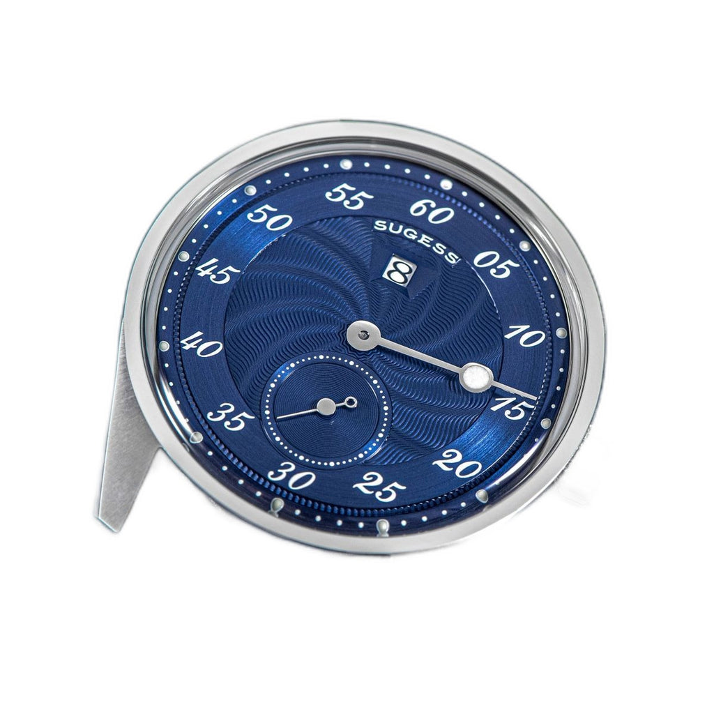 Sugess S451 royal blue guilloche regulator dress watch, blue leather strap, angled view on navy leather