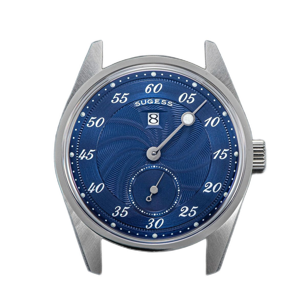 Sugess S451 royal blue guilloche regulator dress watch, blue leather strap, front view on navy leather