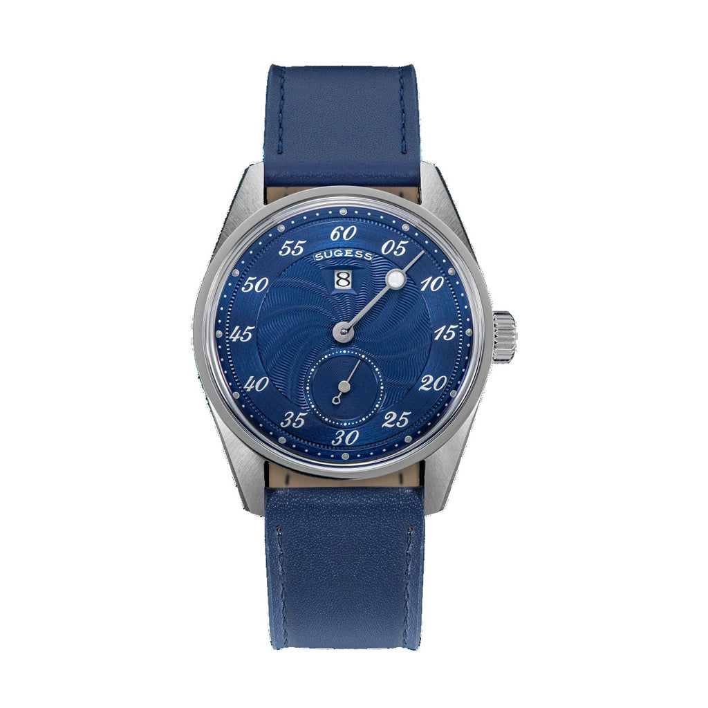 Sugess S451 ST1721 regulator dress watch 38mm, royal blue guilloche dial, date, blue leather strap, front view