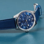Sugess S451 royal blue guilloche regulator dress watch side profile, S crown, blue leather strap, on blue box