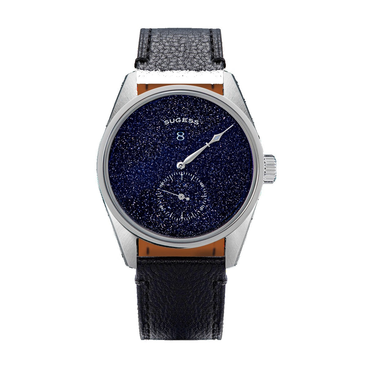 Sugess S451 ST1721 dress watch 38mm, blue sandstone aventurine dial, off-centre hours, sub-seconds, black leather, front