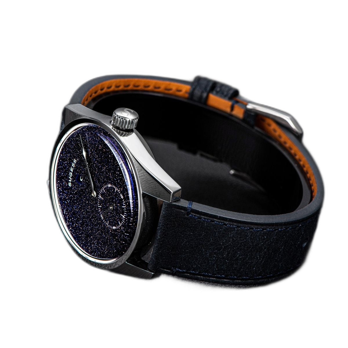 Sugess S451 blue sandstone aventurine dress watch on the wrist, black leather strap, sparkling starry dial