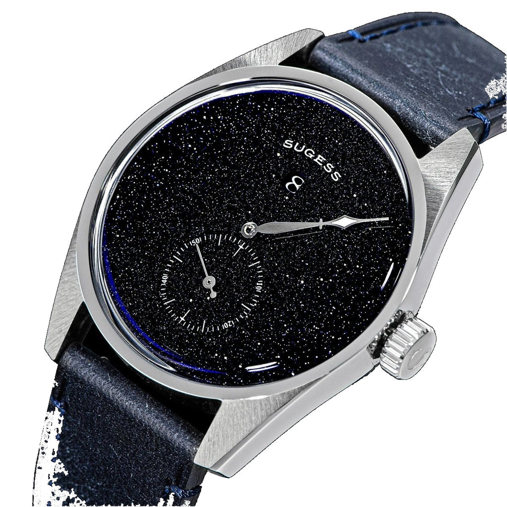 Sugess S451 blue sandstone aventurine dress watch, blue leather strap, angled product view on black