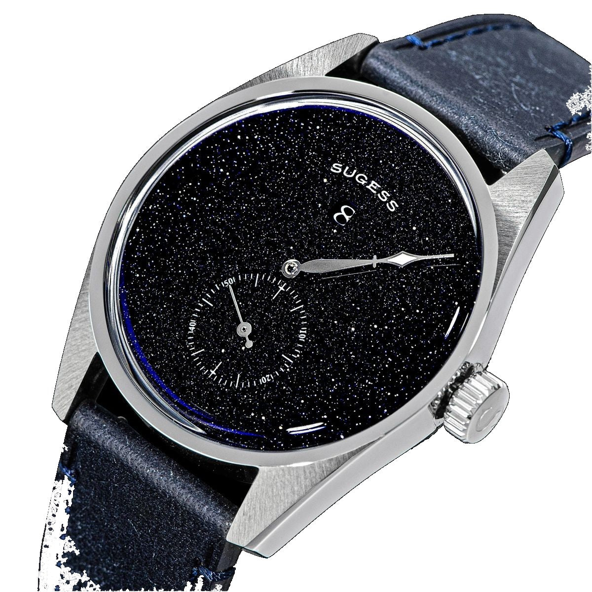 Sugess S451 blue sandstone aventurine dress watch, blue leather strap, angled product view on black