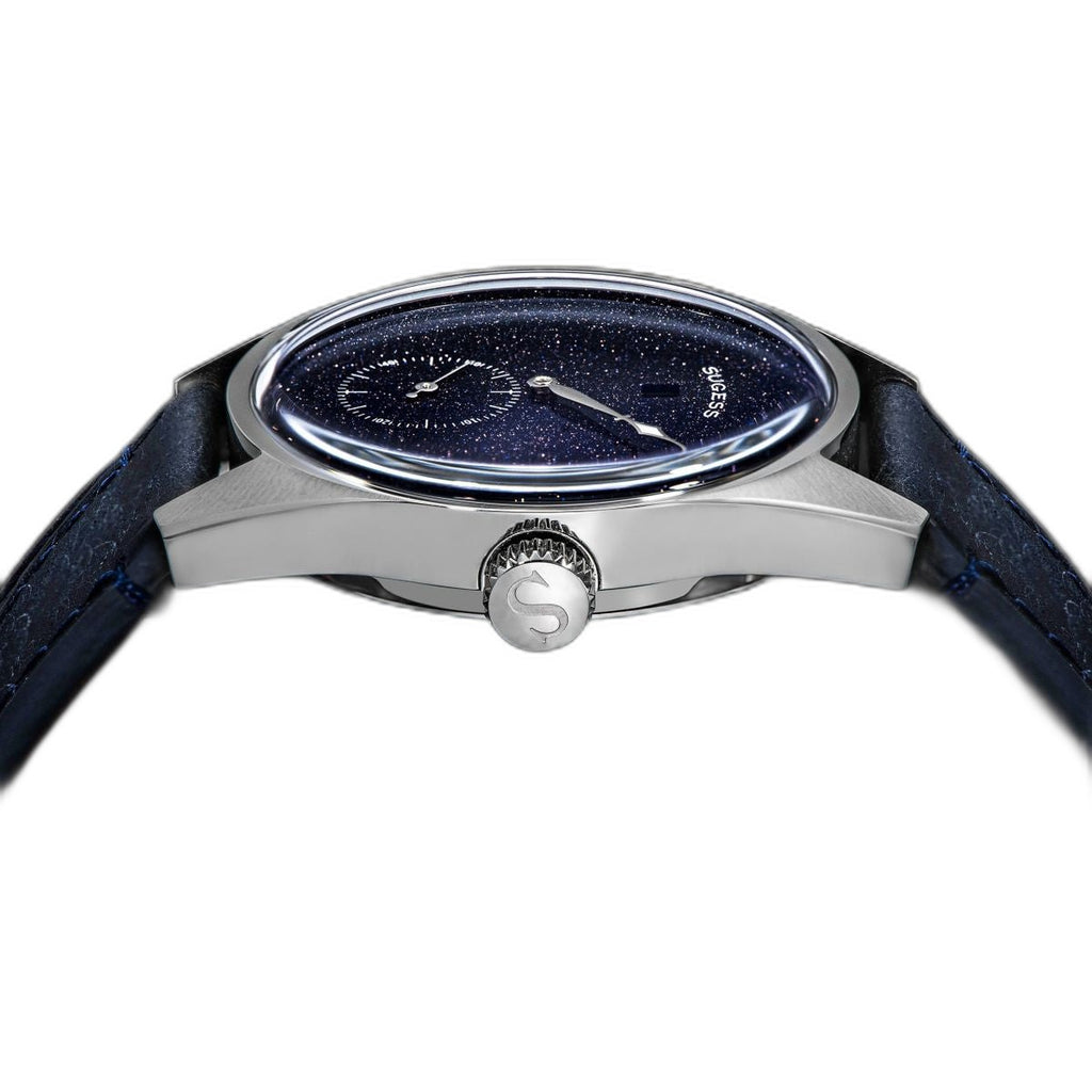 Sugess S451 blue sandstone aventurine dress watch, blue leather strap, three-quarter angled view on black