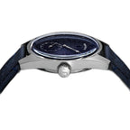 Sugess S451 blue sandstone aventurine dress watch, blue leather strap, three-quarter angled view on black