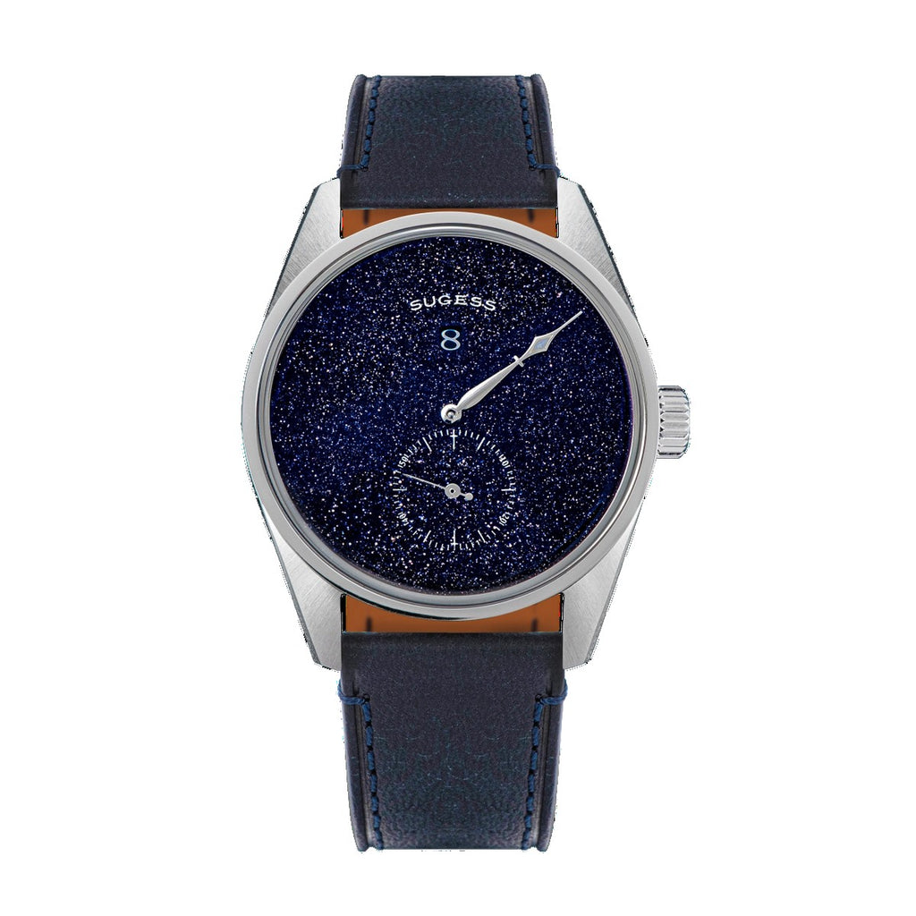 Sugess S451 ST1721 dress watch 38mm, blue sandstone aventurine dial, off-centre hours, sub-seconds, blue leather, front