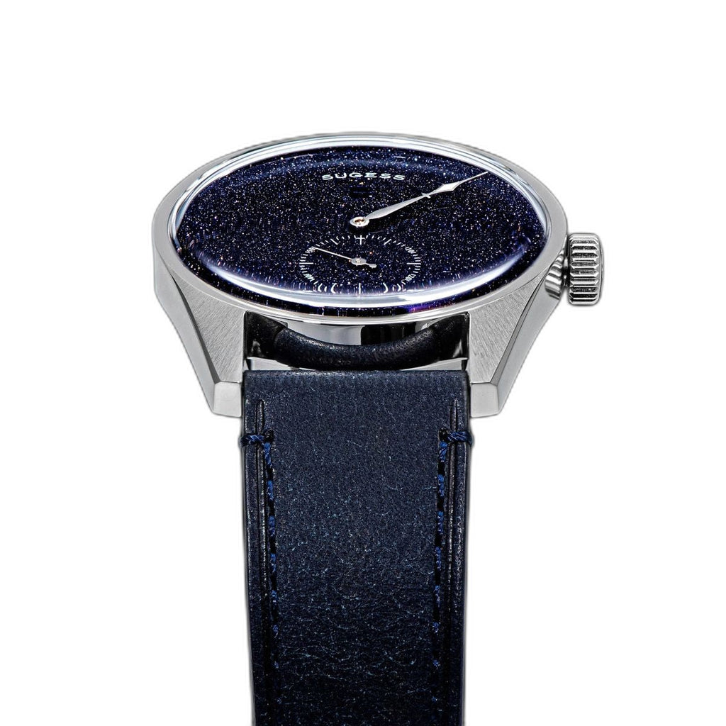 Sugess S451 blue sandstone aventurine dress watch side profile close-up, blue leather strap, domed crystal, on black