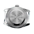 Sugess S451 stainless steel caseback with engraved gear motif, Automatic SS316L 5ATM, on a blue leather strap