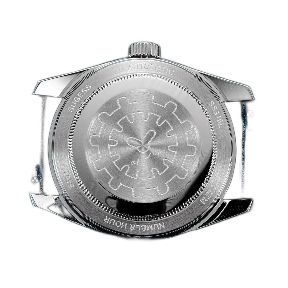Sugess S451 stainless steel caseback with engraved gear motif, Automatic SS316L 5ATM, on a blue leather strap