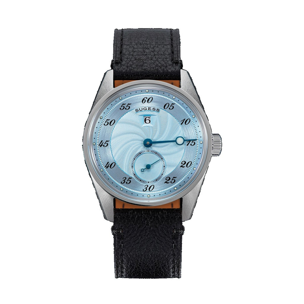 Sugess S451 ST1721 regulator dress watch 38mm, ice blue guilloche dial, blued hands, date, black leather strap, front