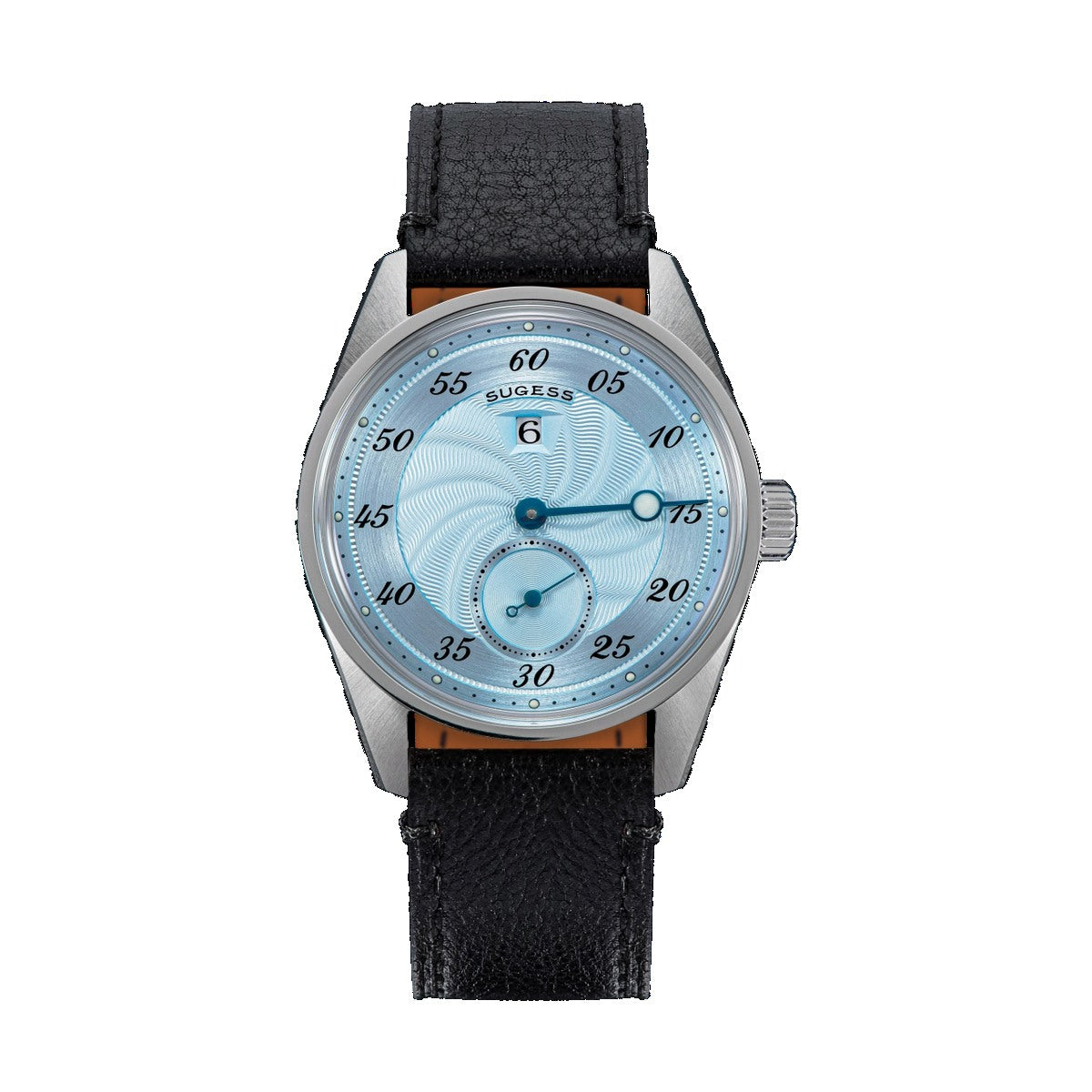 Sugess S451 ST1721 regulator dress watch 38mm, ice blue guilloche dial, blued hands, date, black leather strap, front