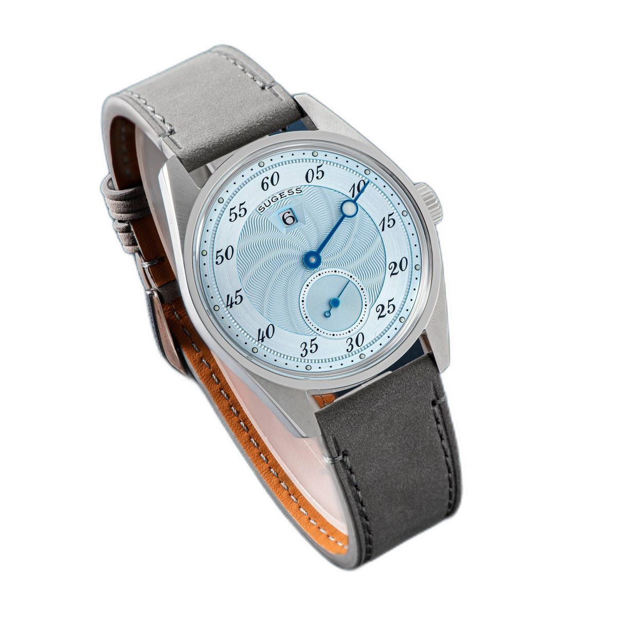 Sugess S451 ice blue guilloche regulator dress watch, grey suede strap, angled view on navy leather