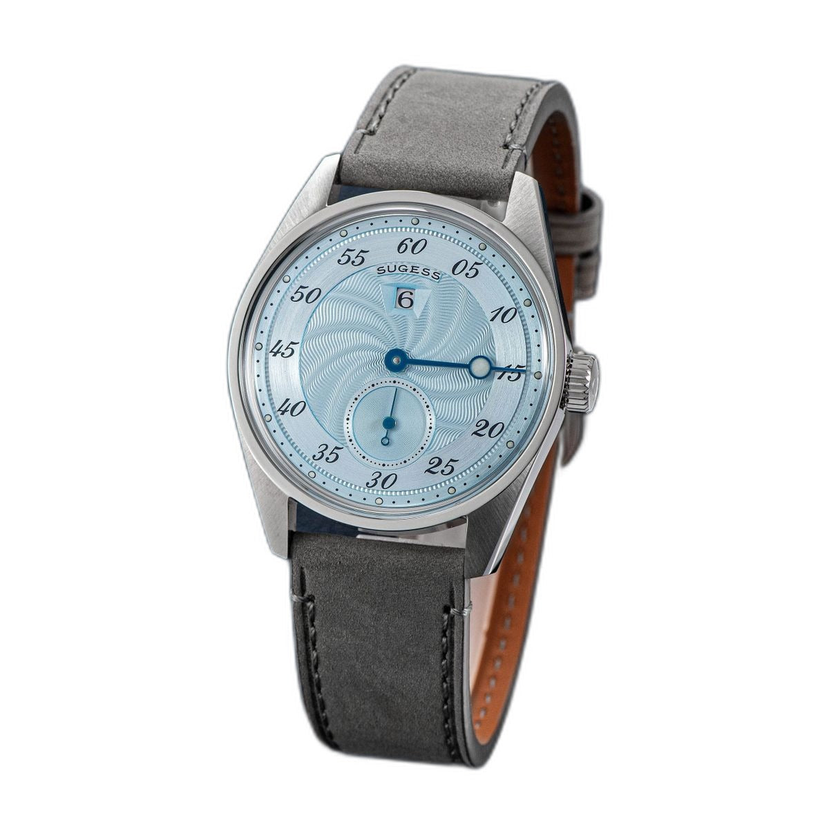Sugess S451 ice blue guilloche regulator dress watch, grey suede strap, dramatic angled view on black
