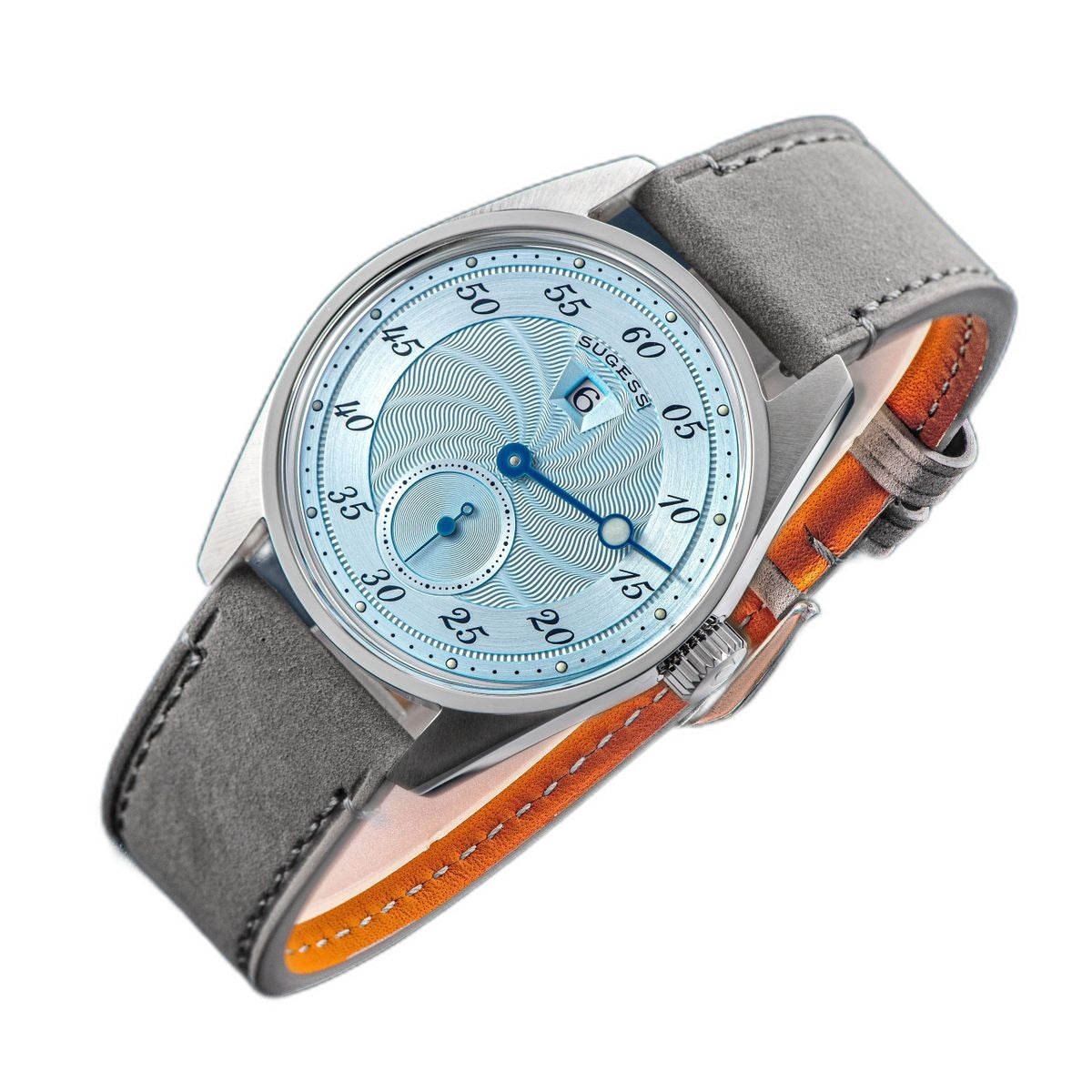 Sugess S451 ice blue guilloche regulator dress watch, grey suede strap, three-quarter angled view on navy
