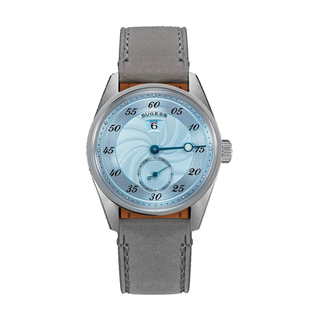 Sugess S451 ST1721 regulator dress watch 38mm, ice blue guilloche dial, blued hands, date, grey suede strap, front