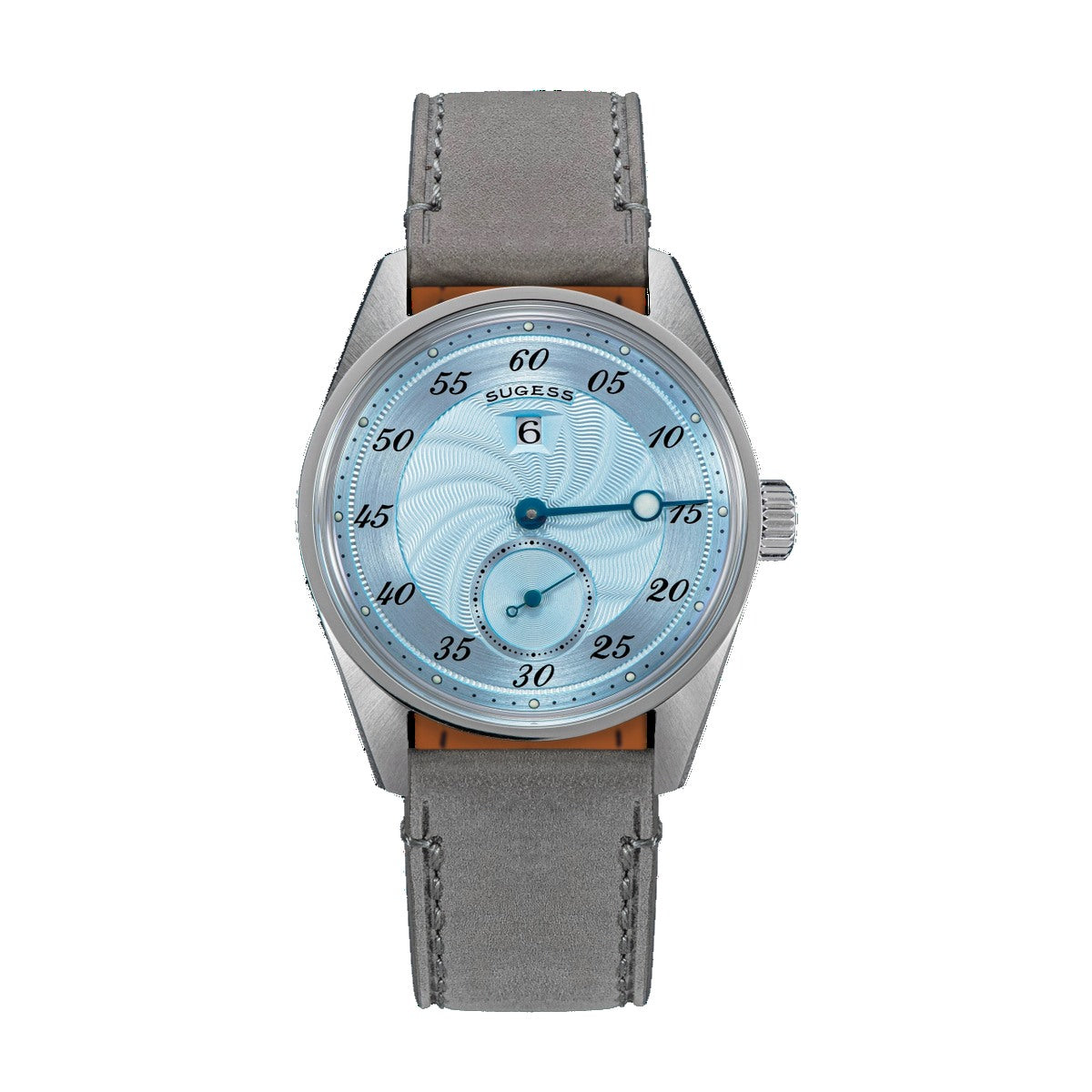 Sugess S451 ST1721 regulator dress watch 38mm, ice blue guilloche dial, blued hands, date, grey suede strap, front