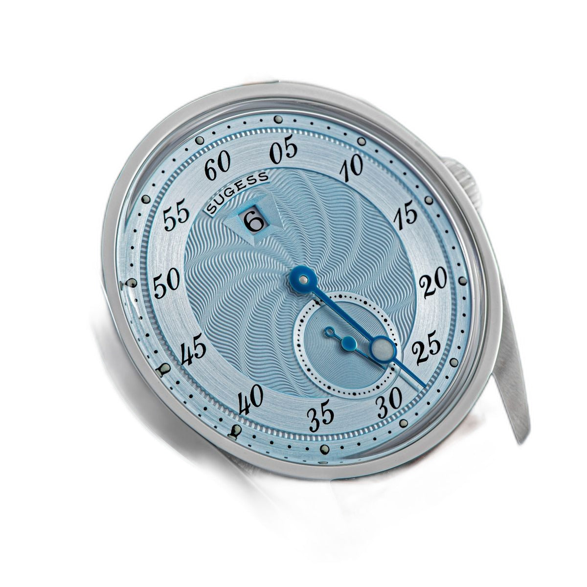 Sugess S451 ice blue guilloche regulator dress watch low side angle, grey suede strap, on navy leather