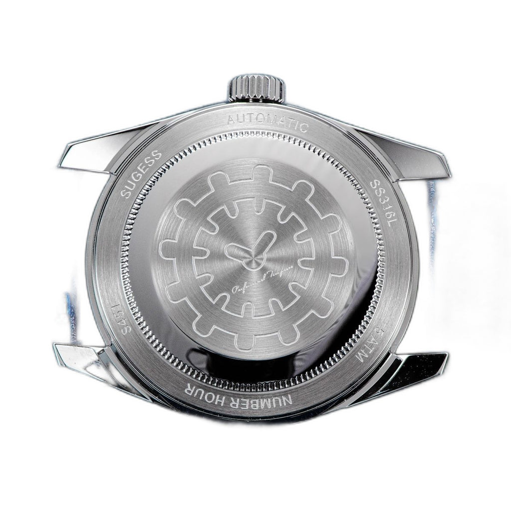 Sugess S451 ice blue guilloche regulator dress watch side profile, grey suede strap, on navy leather