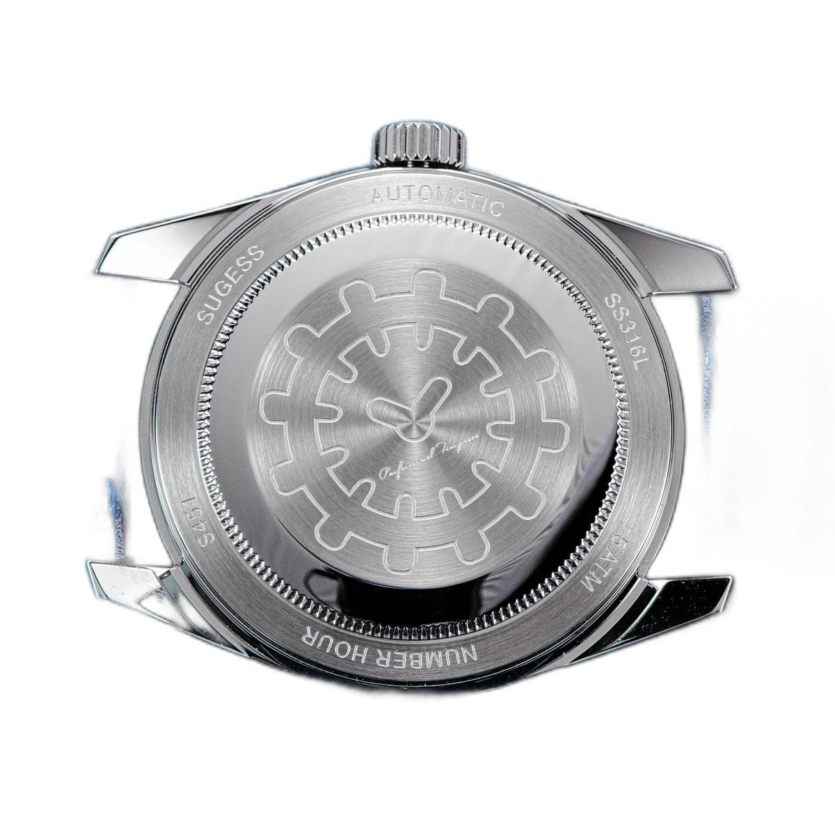 Sugess S451 ice blue guilloche regulator dress watch side profile, grey suede strap, on navy leather