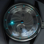 Sugess S451 dress watch guilloche dial glowing blue lume in the dark, offset minute track and sub-seconds, close-up