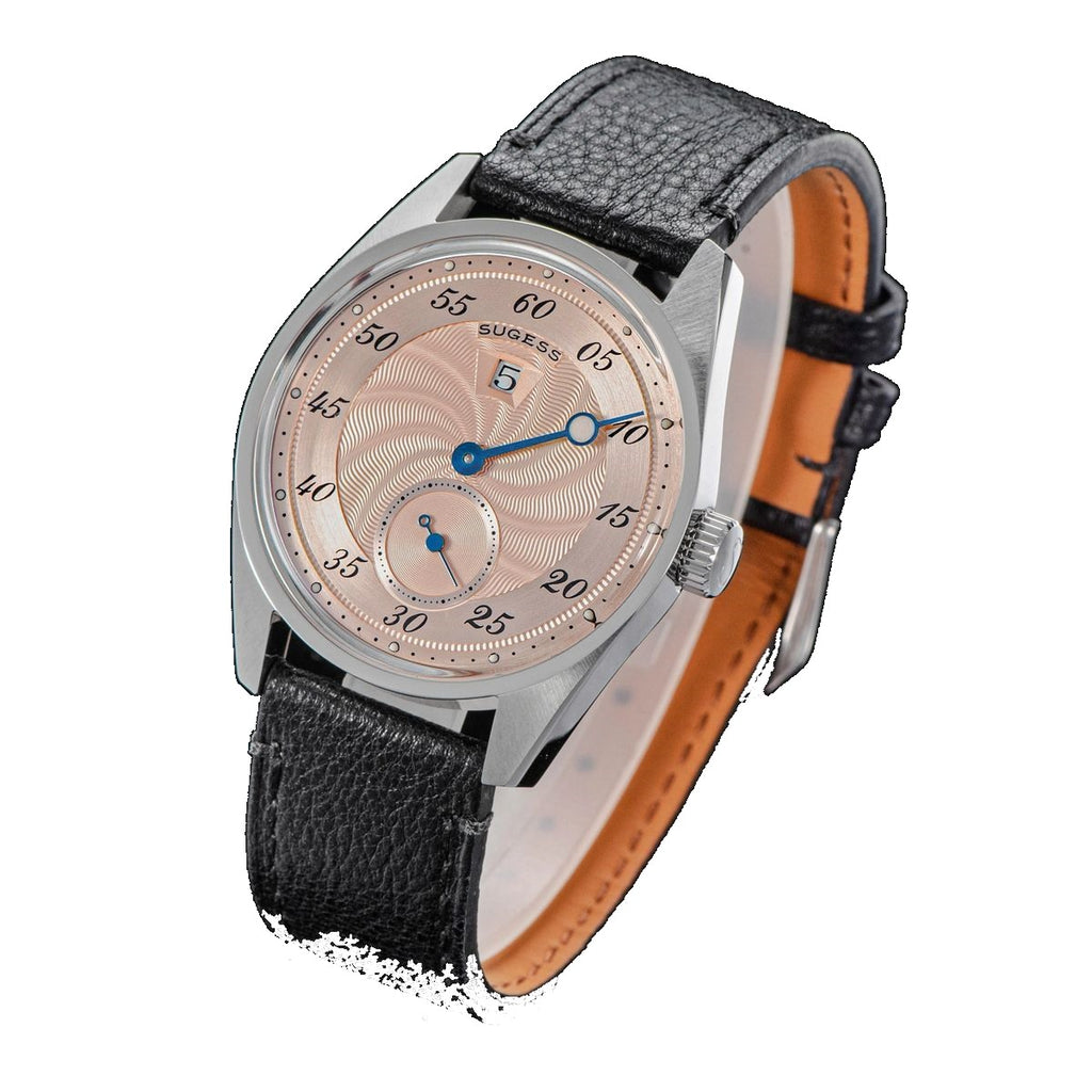 Sugess S451 salmon guilloche regulator dress watch, black leather strap, angled product view on black