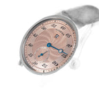 Sugess S451 salmon guilloche regulator dress watch, black leather strap, dramatic angled view on black