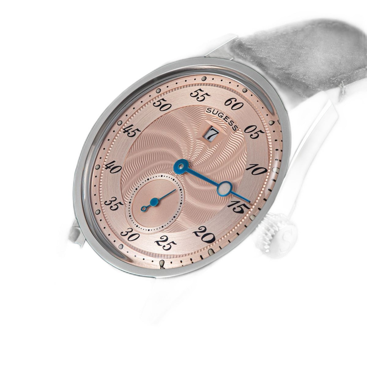 Sugess S451 salmon guilloche regulator dress watch, black leather strap, dramatic angled view on black