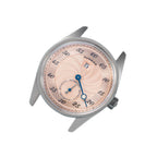 Sugess S451 salmon guilloche regulator dress watch, black leather strap, top-down flat lay on black