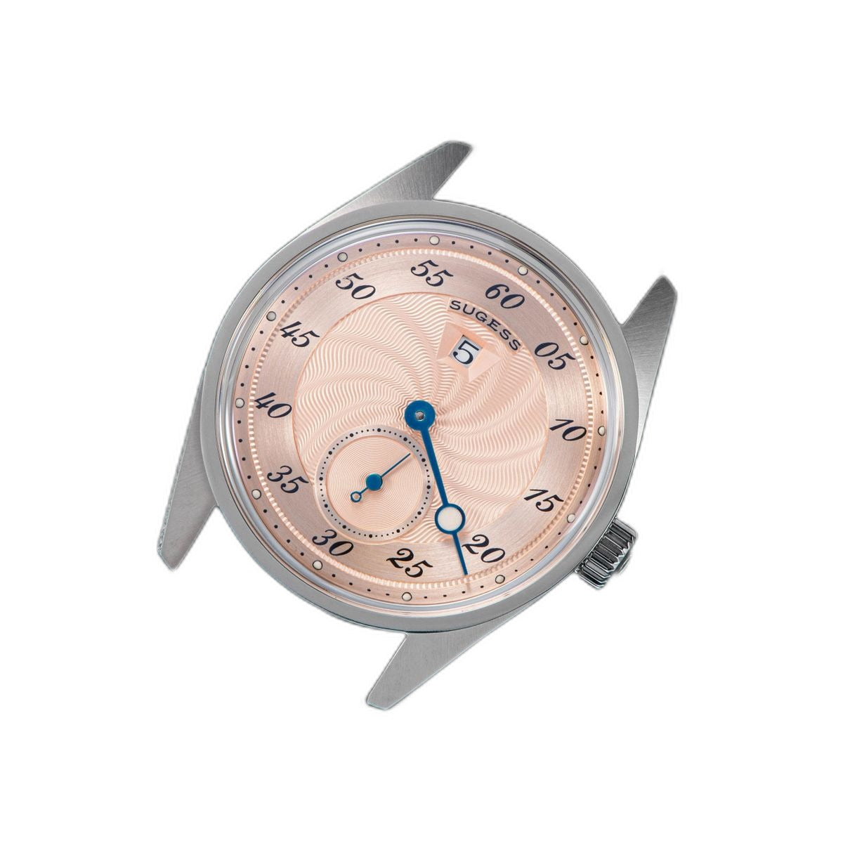 Sugess S451 salmon guilloche regulator dress watch, black leather strap, top-down flat lay on black