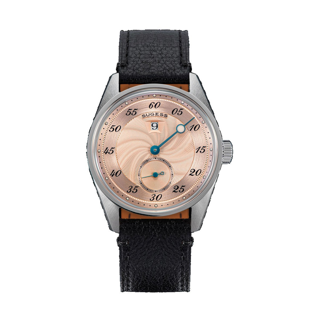 Sugess S451 ST1721 regulator dress watch 38mm, salmon guilloche dial, blued hands, date, black leather strap, front