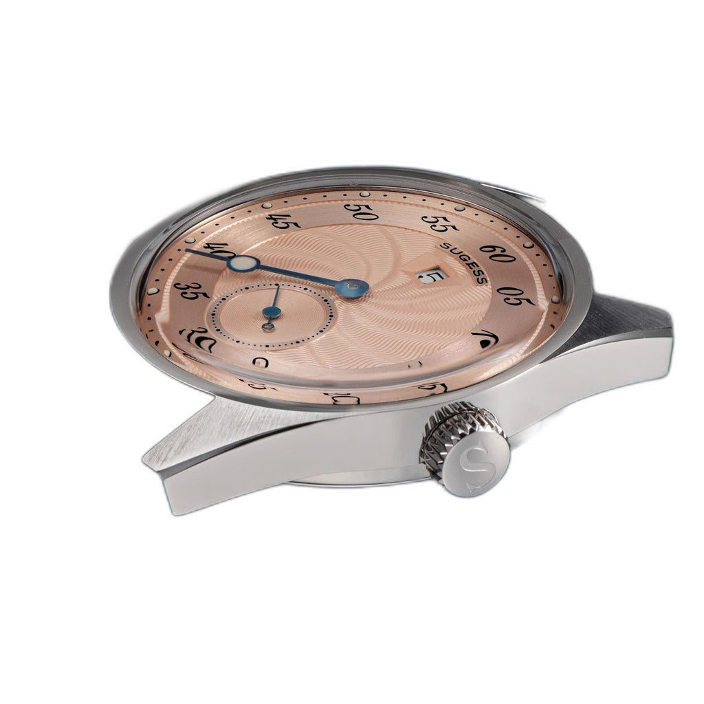 Sugess S451 salmon guilloche regulator dress watch side profile, S-engraved crown, black leather strap, on blue