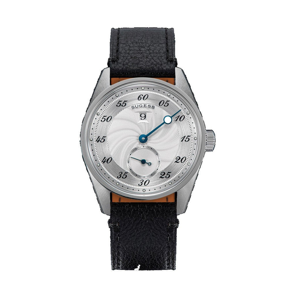 Sugess S451 ST1721 regulator dress watch 38mm, silver guilloche dial, blued hands, date, black leather strap, front