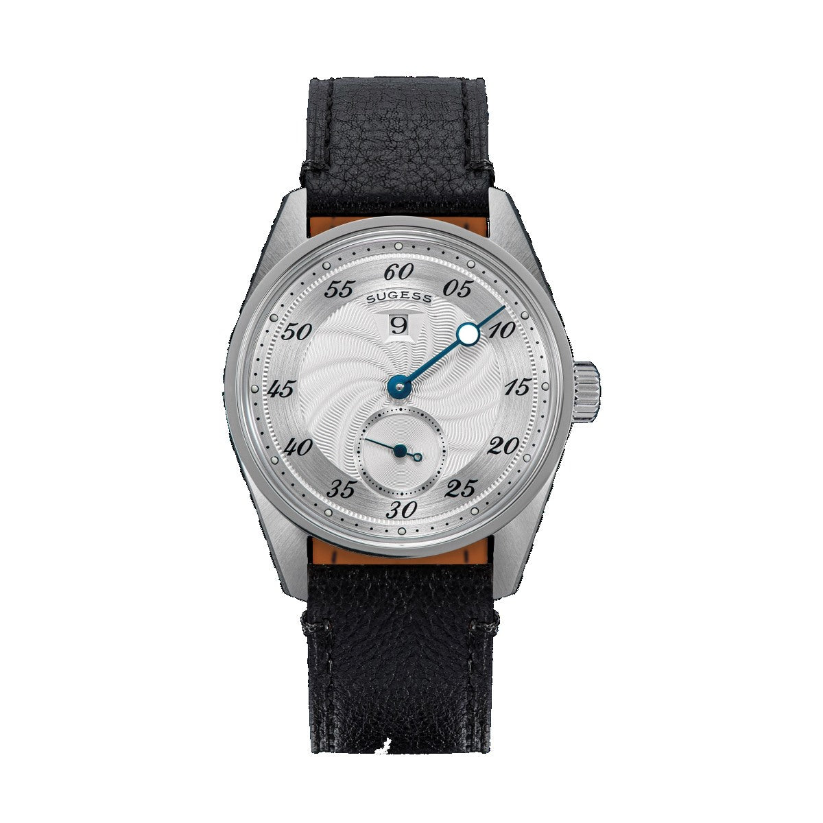 Sugess S451 ST1721 regulator dress watch 38mm, silver guilloche dial, blued hands, date, black leather strap, front