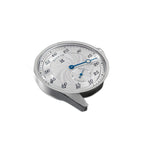Sugess S451 silver guilloche regulator dress watch, grey suede strap, angled view on navy leather