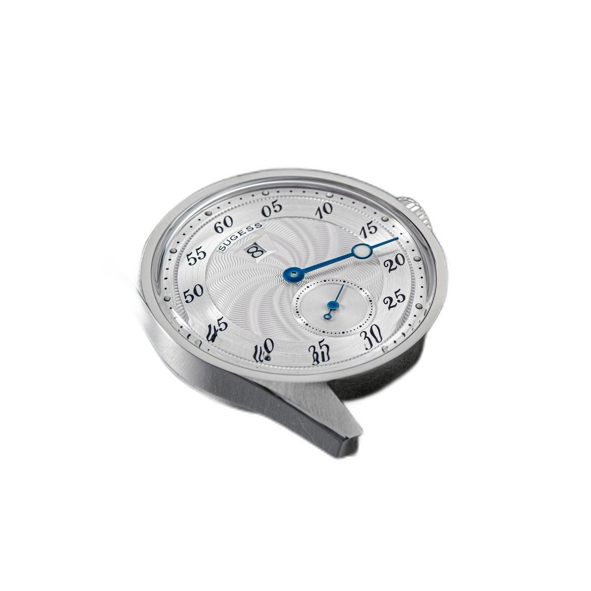 Sugess S451 silver guilloche regulator dress watch, grey suede strap, angled view on navy leather