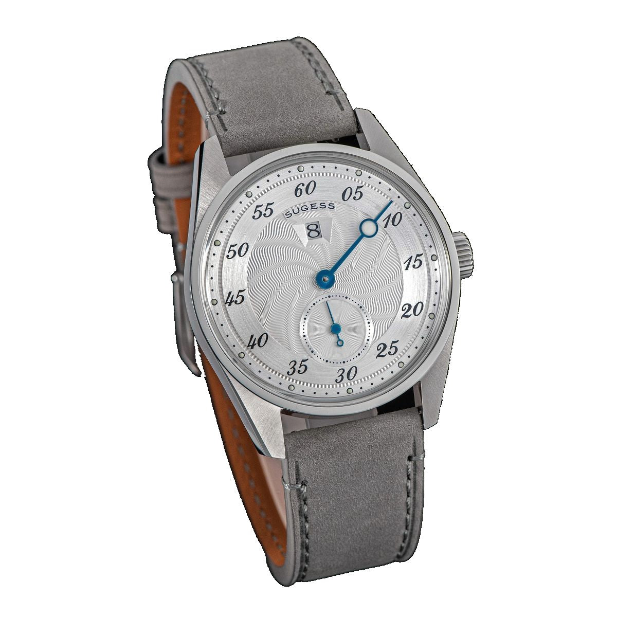 Sugess S451 silver guilloche regulator dress watch, grey suede strap, angled studio view on black