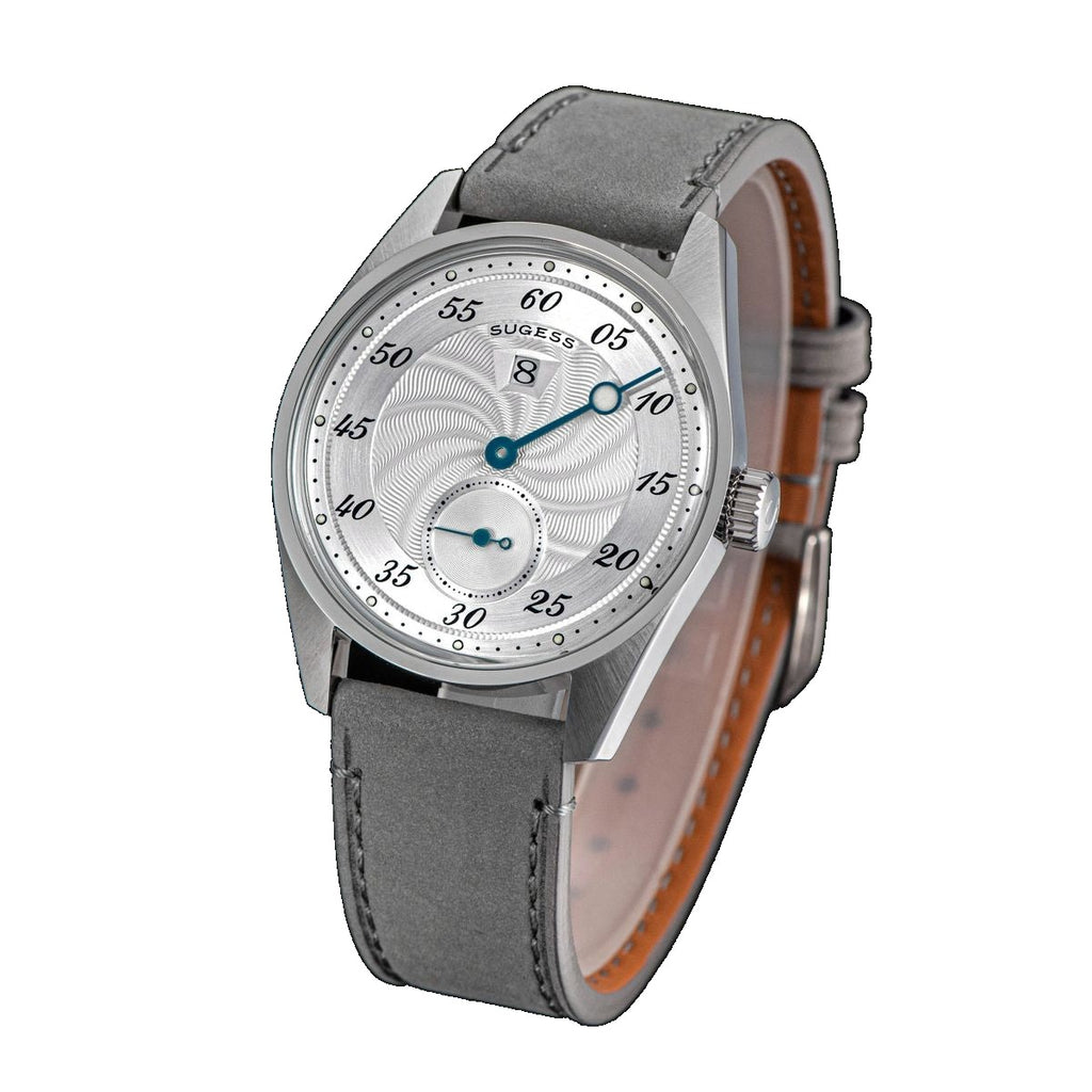 Sugess S451 silver guilloche regulator dress watch, grey suede strap, dramatic angled view on black