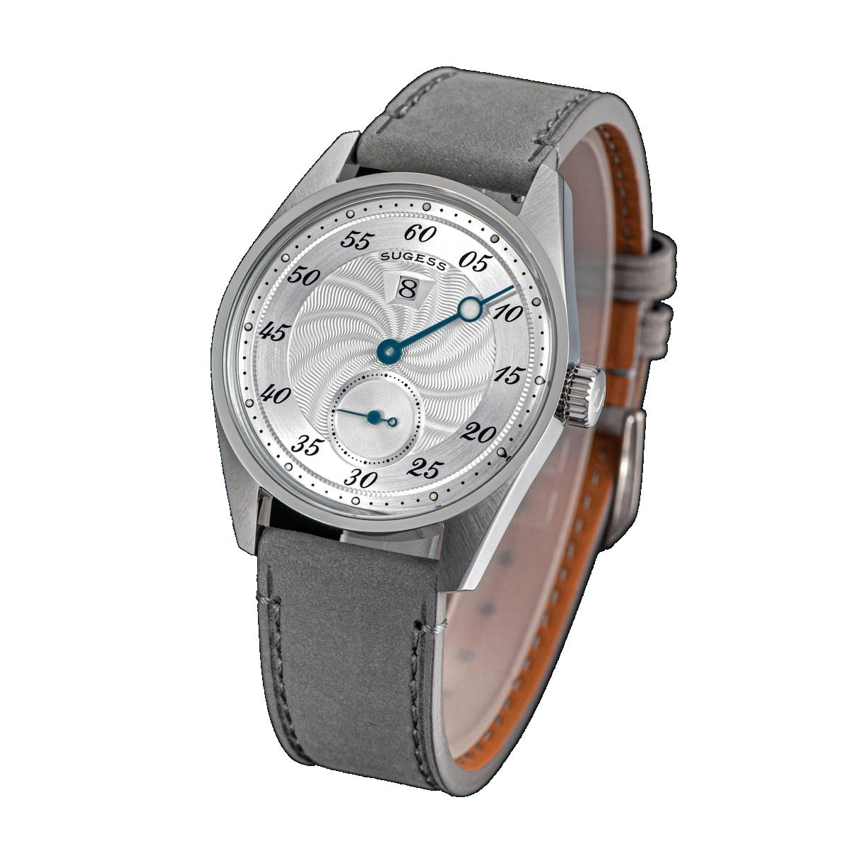 Sugess S451 silver guilloche regulator dress watch, grey suede strap, dramatic angled view on black