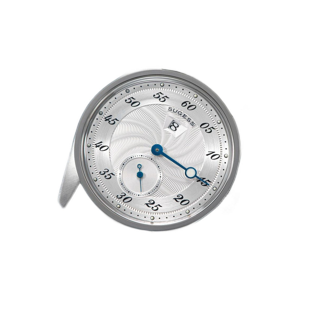 Sugess S451 silver guilloche regulator dress watch, grey suede strap, three-quarter angled view on navy